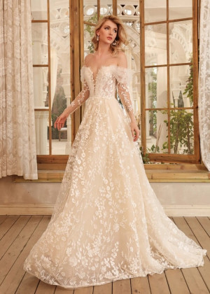 Off Shoulder Floral Lace Tulle Chic Wedding Dress